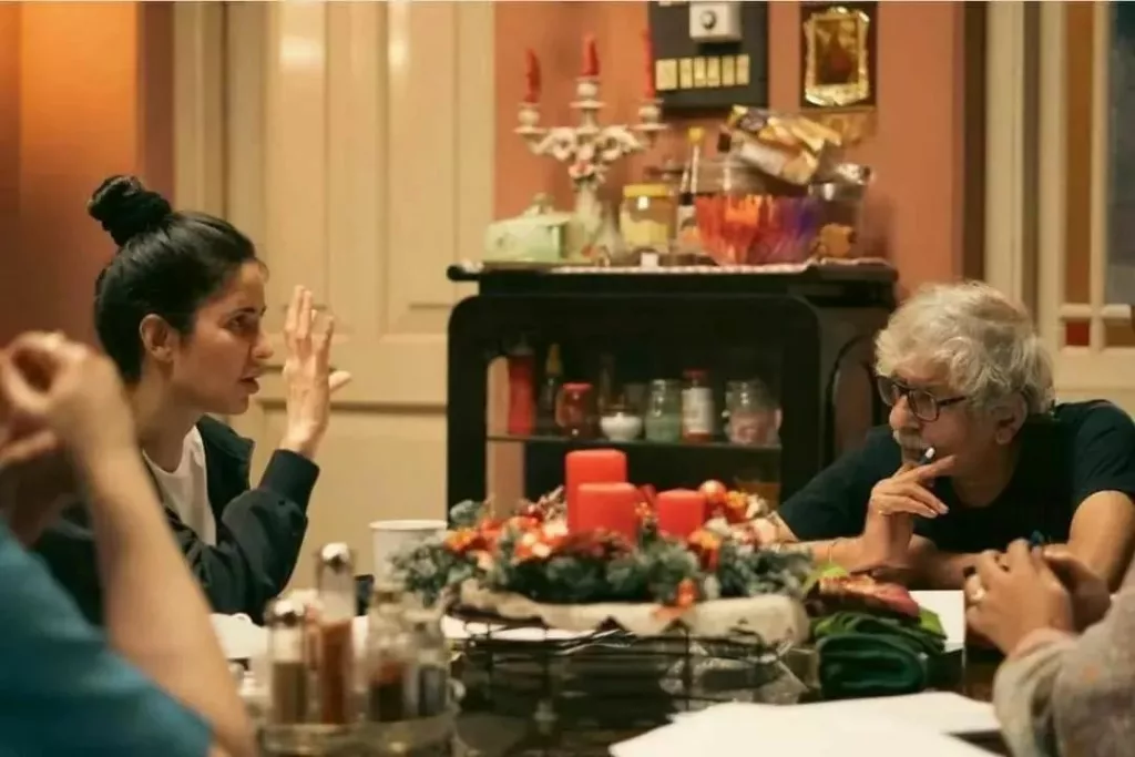 Sriram Raghavan (right) interacting with Katrina Kaif (left) during the filming of Merry Christmas. Photo courtesy: Sriram Raghavan/Instagram