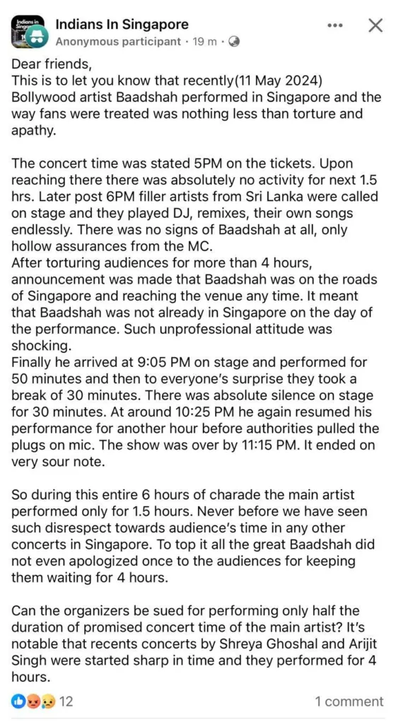 The Facebook post which called out Badshah and the organiser post the show. Photo: Screenshot from Facebook