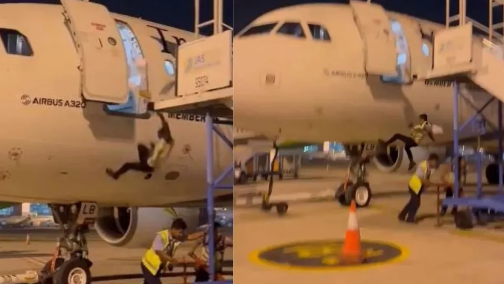 WATCH: Airline worker falls off Airbus A320 as crew removes stepladder at Jakarta Airport