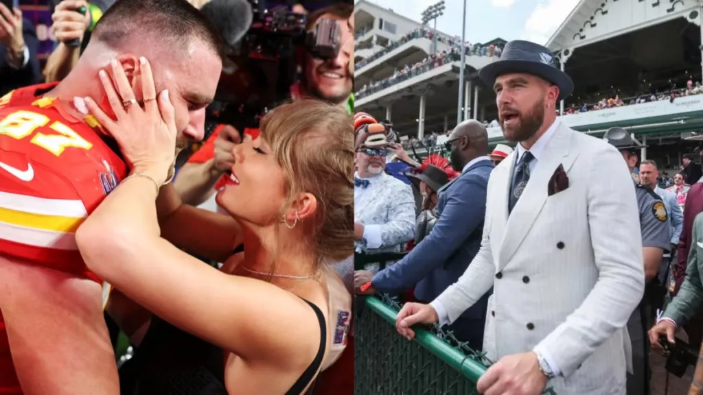 Singer Taylor Swift and NFL star Travis Kelce sharing a celebratory Super Bowl kiss (left), Kelce at the Kentucky Derby. Photo courtesy: Free Press Journal