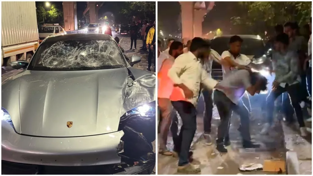 The crashed Porsche (left). Public taking matters into their own hands after the accident. Photo courtesy: Free Press Journal