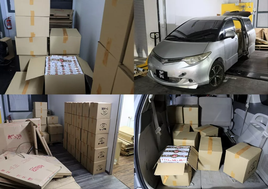 Duty-unpaid cigarettes found in the industrial unit and the car at Serangoon North Avenue 4. Photo courtesy: Singapore Customs