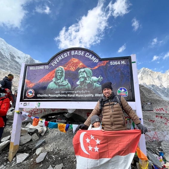 Singaporean climber Abyan Imtiaz Irkiz with his father Zikri Ali at the Everest Base Camp