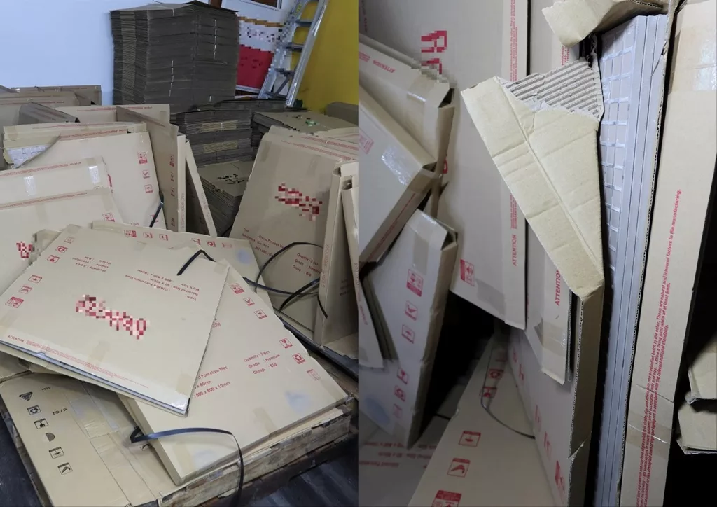 Consignment of tiles allegedly used to conceal the duty-unpaid cigarettes. Photo courtesy: Singapore Customs