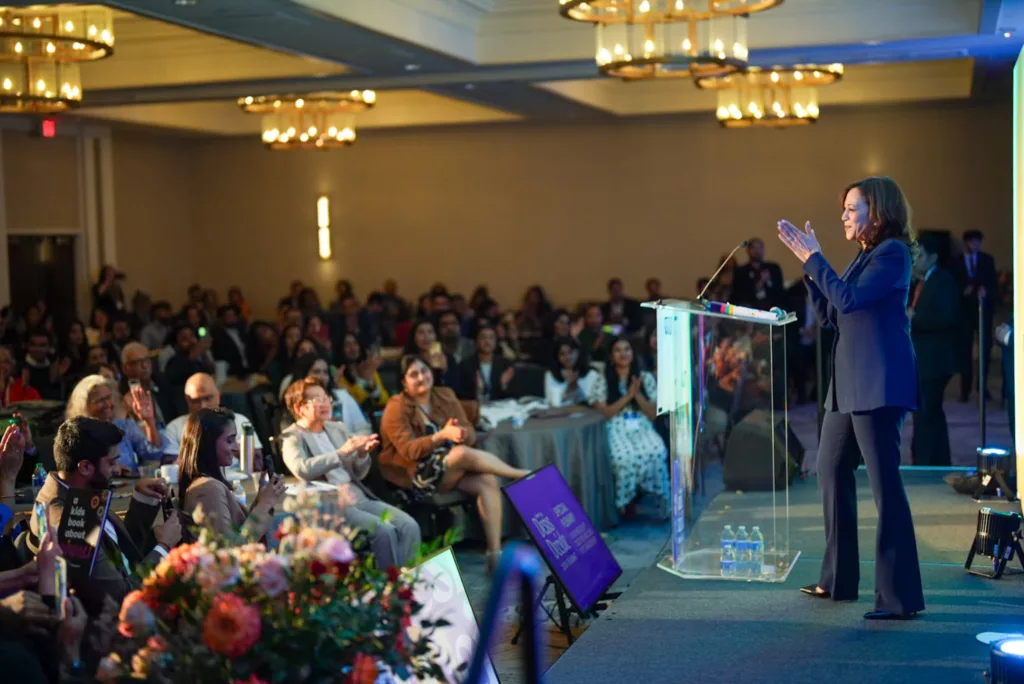 US Vice-President Kamala Harris speaks at ‘Desis Decide’