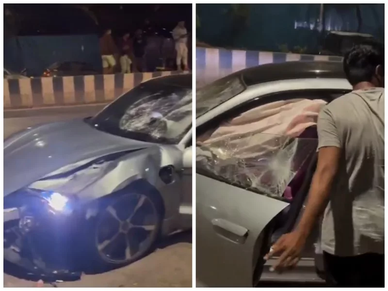 The unregistered Porsche which fatally rammed two people in Pune in the wee hours on Sunday. Photo courtesy: Screengrab from X