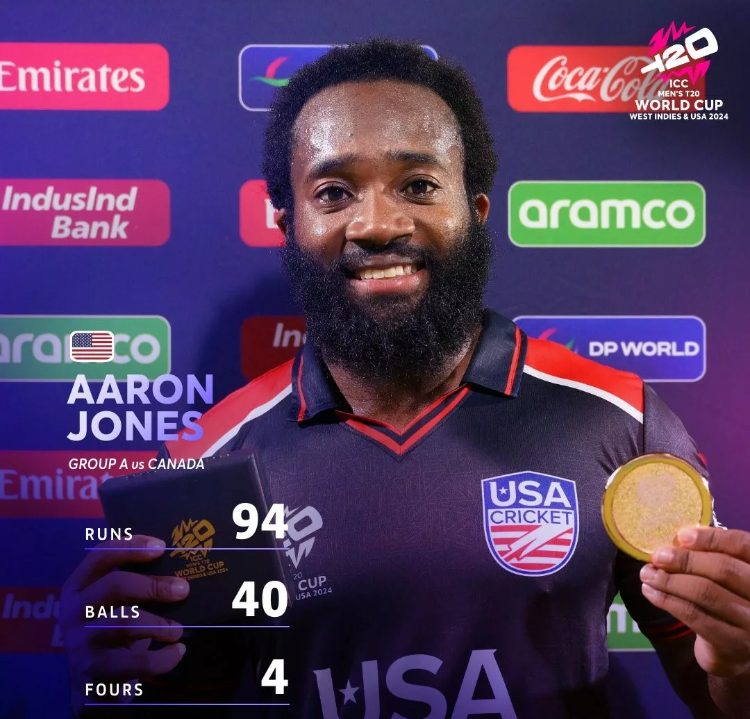 Aaron Jones smashes unbeaten 40-ball 94 to help USA beat Canada by 7 wickets in T20 World Cup opener  