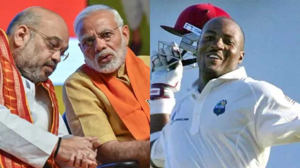 (Left) Amit Shah, Narendra Modi. (Right) Brian Lara. Photo courtesy: Free Press Journal