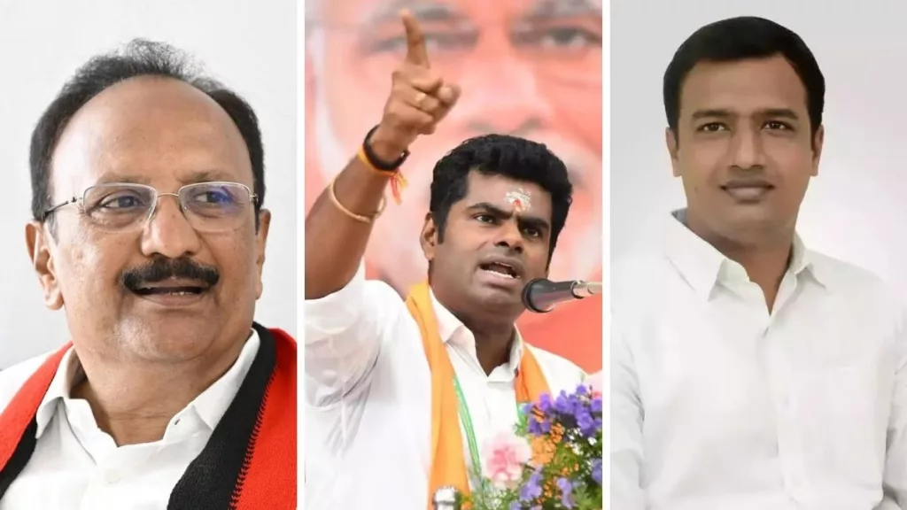 From left to right: DMK's Ganapathi P Raj Kumar, BJP's K Annamalai, AIADMK's Singai Ramachandran. Photo courtesy: Free Press Journal