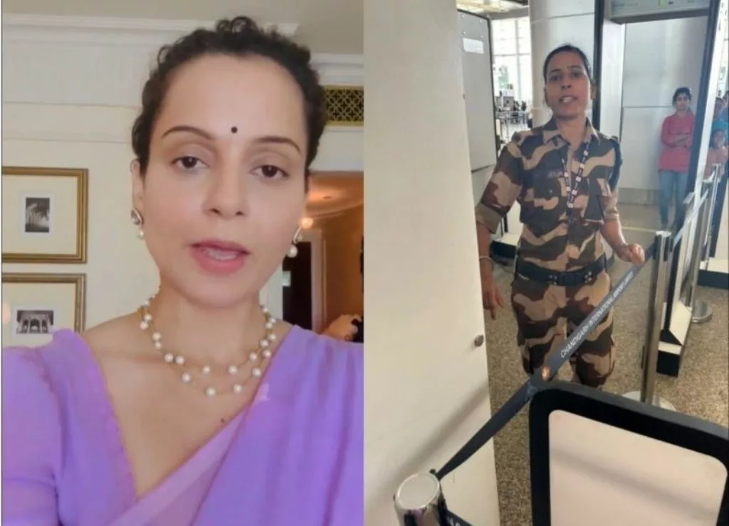 (Left) Kangana Ranaut. (Right) Suspended CISF personnel Kulwinder Kaur. Photo courtesy: Screengrab