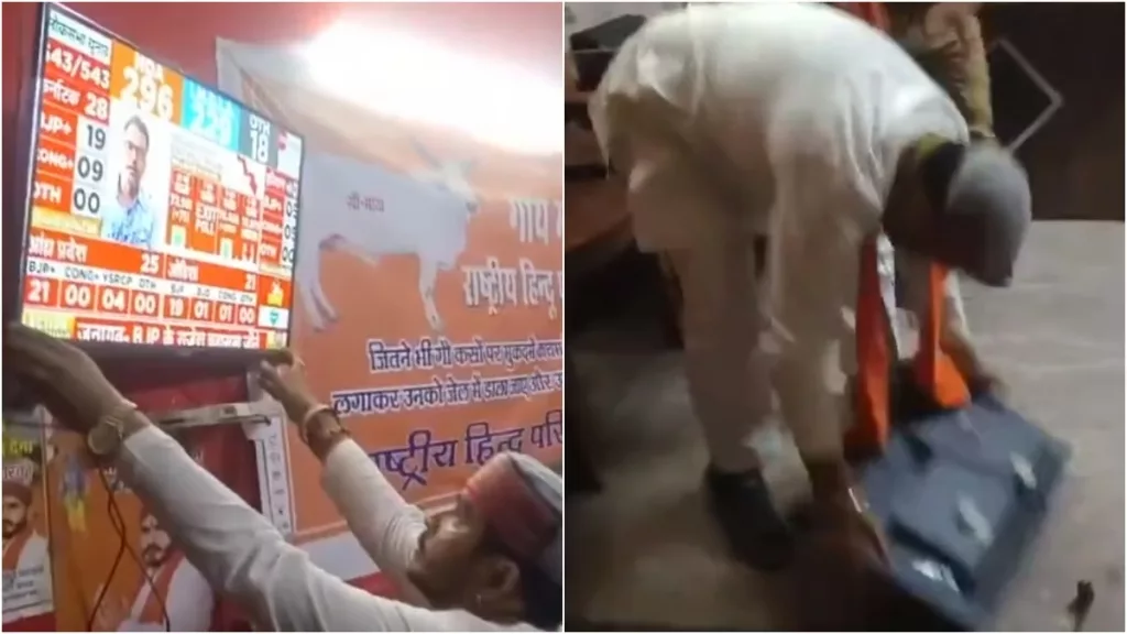 WATCH: Rashtriya Hindu Parishad Chief smashes TV as BJP fails to cross 400-mark In India General Elections 2024
