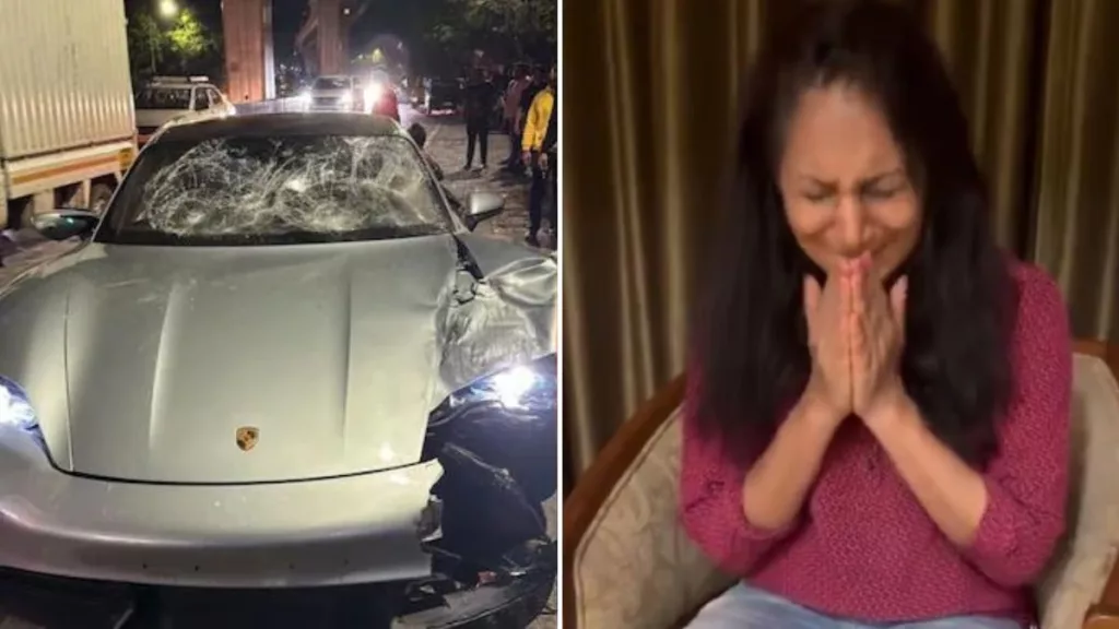 The crashed Porsche. (Right) Minor's mother Shivani Agarwal. Photo courtesy: Free Press Journal