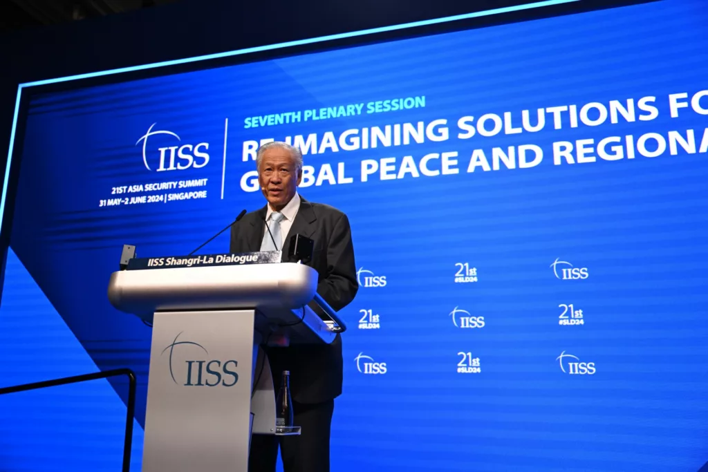 Singapore Defence Minister Dr Ng Eng Hen speaks at a plenary session within the Shangri-La Dialogue 2024