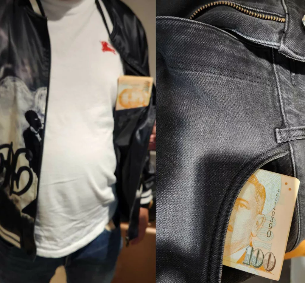Changi Airport traveller with cash stuffed everywhere in his clothes