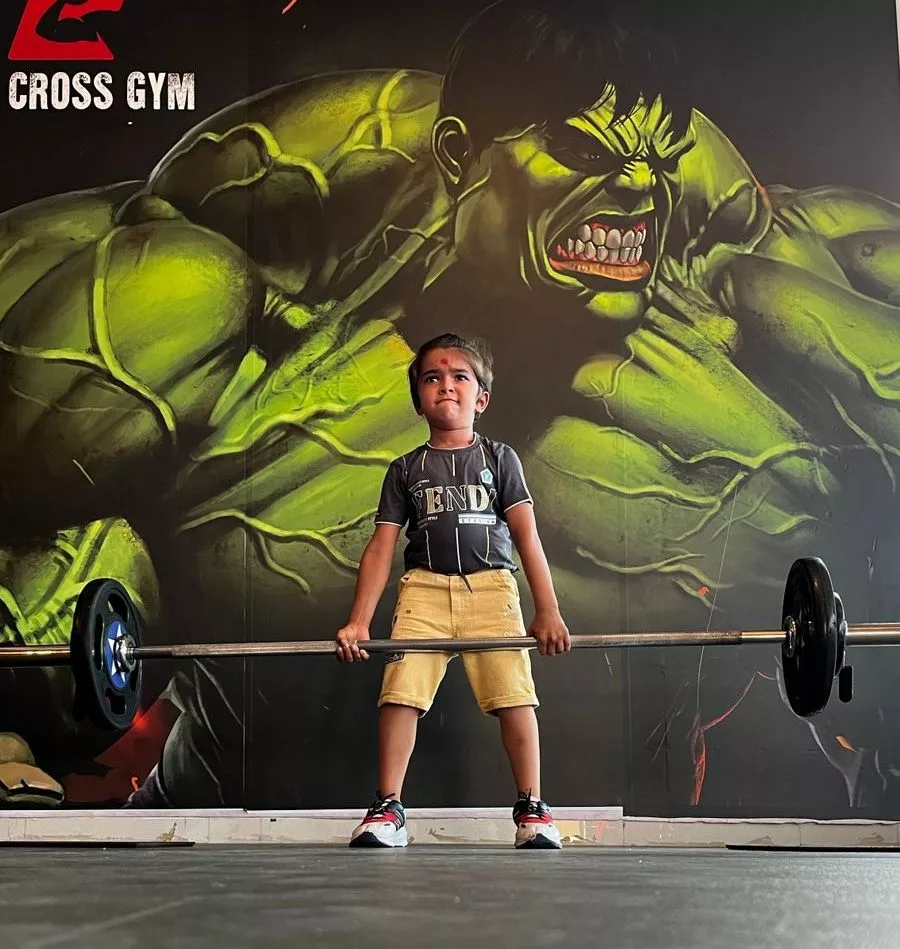 The seven-year-old can deadlift an impressive 77.5 kgs while he himself weighs 26 kilograms. Photo courtesy: Family