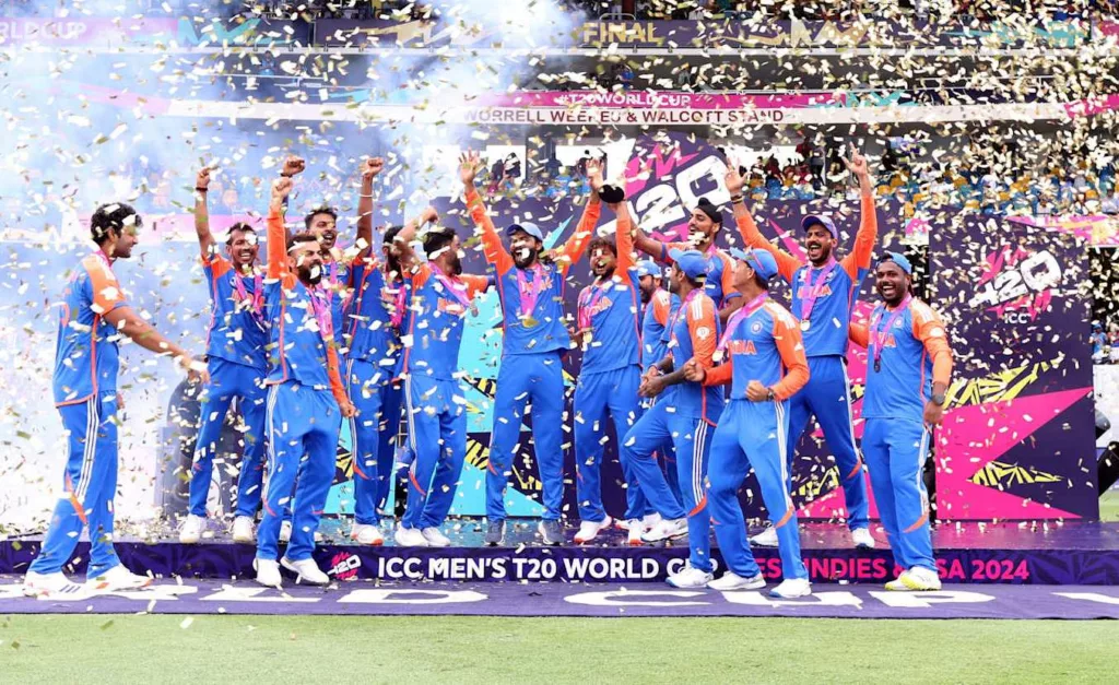 Indian players celebrate with the trophy. Photo courtesy: ICC/X