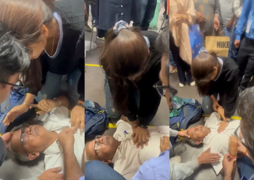 WATCH: Woman saves elderly man by performing CPR at Delhi Airport