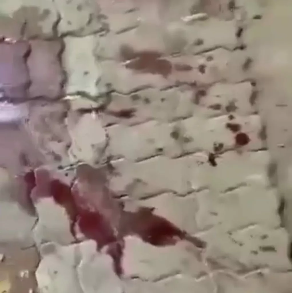 Bloodstains from the site of the mosque shooting in Muscat, Oman