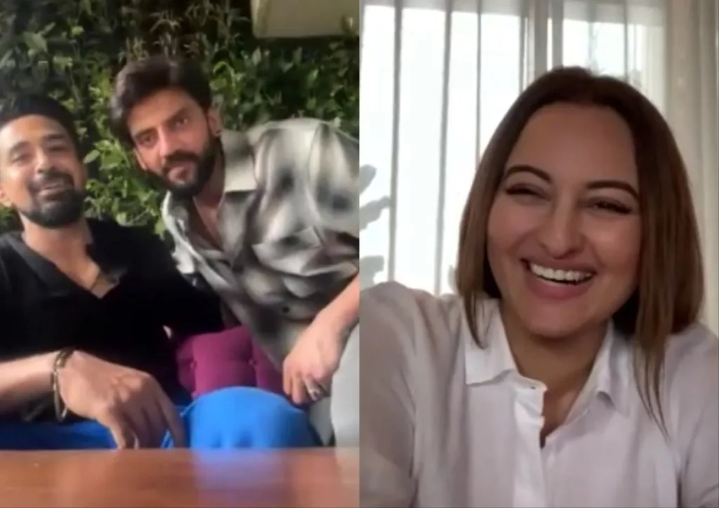 (left) Saqib Saleem and Zaheer Iqbal. (right) Sonakshi Sinha. Photo courtesy: Screengrab from video