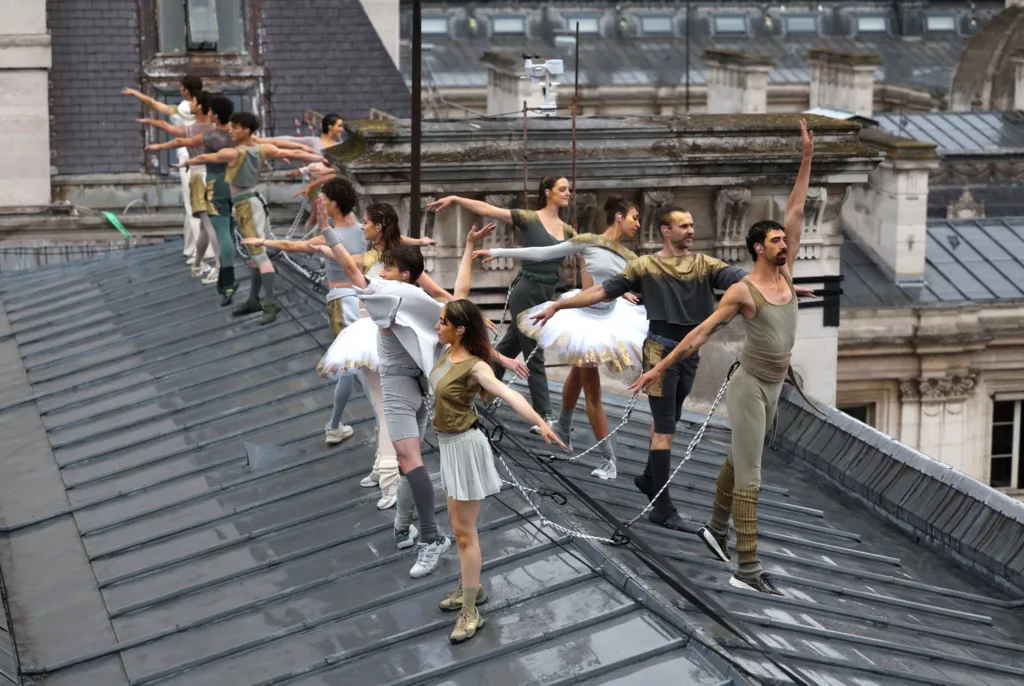 Ballet dancers on a rooftop at the Paris Olympics 2024 opening ceremony