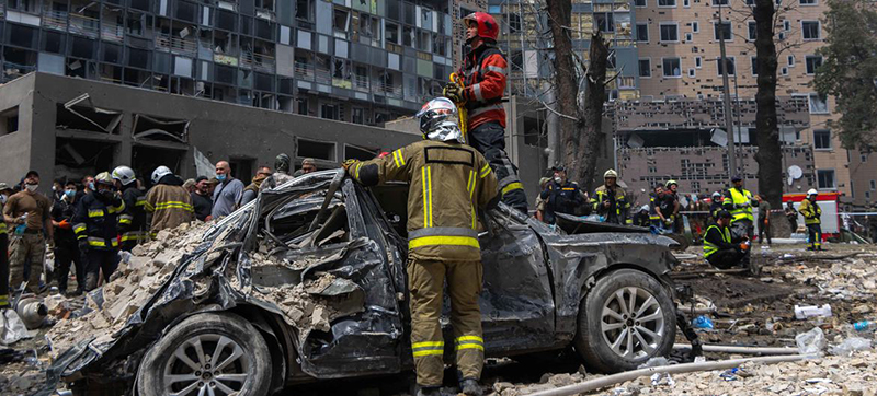 The 12-storey residential building caught fire after the strike.