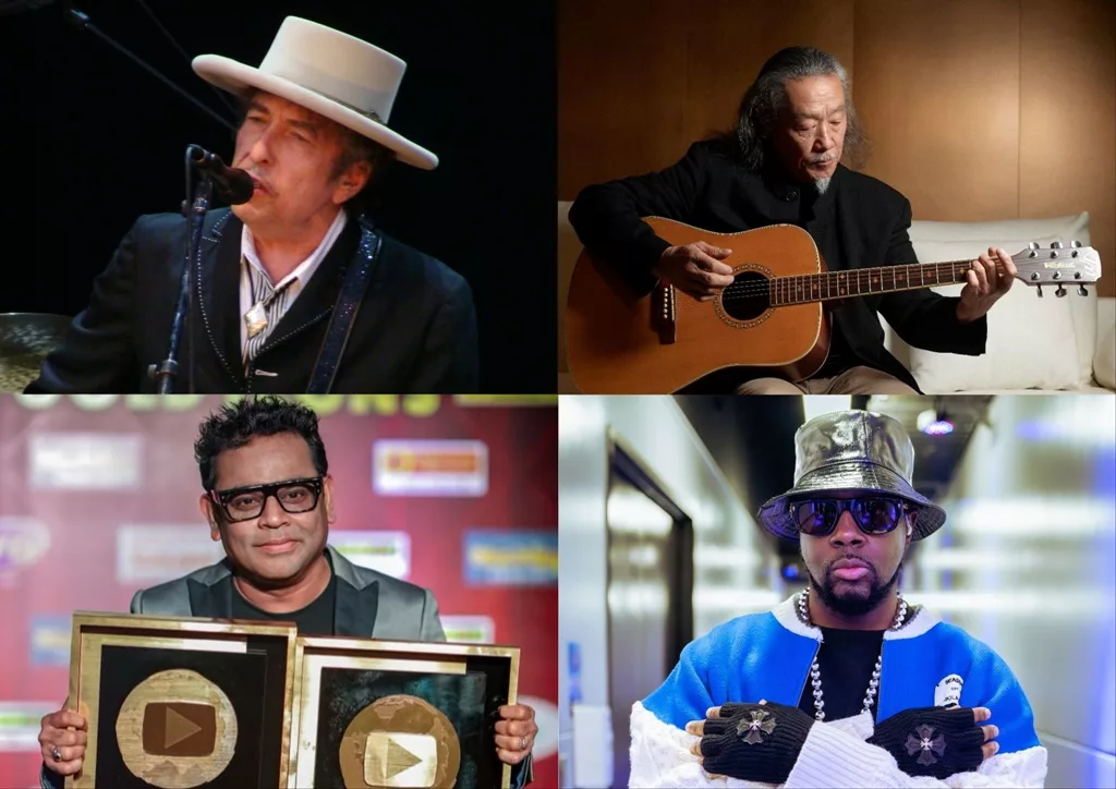 (Top to bottom, clockwise) Bob Dylan, Kitaro, Wyclef Jean, AR Rahman. Photo courtesy- Dylan: Alberto Cabello from Vitoria Gasteiz/Wikipedia; Kitaro: www.instagram.com/official.kitaro/; Jean: www.instagram.com/wyclefjean/; Rahman: www.instagram.com/arrahman/