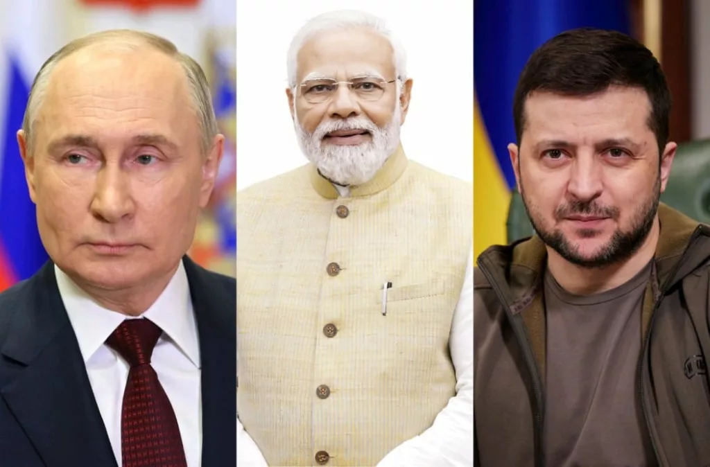 (Left to right) Russian President Vladimir Putin, Indian Prime Minister Narendra Modi, Ukrainian President Volodymyr Zelenskyy. Photo courtesy- Putin: Kremlin.ru/Wikipedia, Modi: Prime Minister's Office/Wikipedia, Zelenskyy: President Of Ukraine from Україна/Wikipedia
