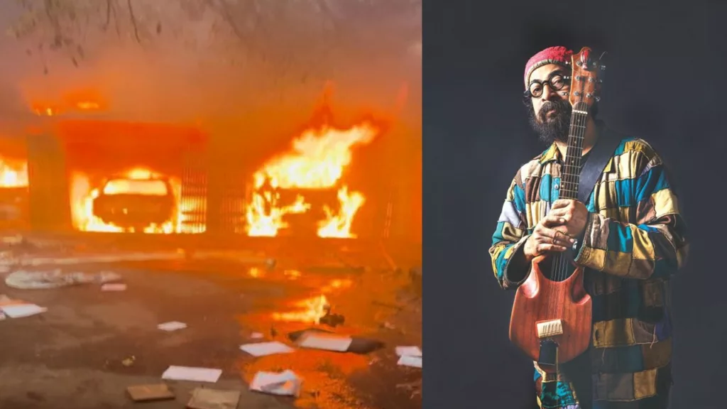The 140-year-old house was set on fire by an angry mob. (right) Rahul Ananda. Photo courtesy: Free Press Journal
