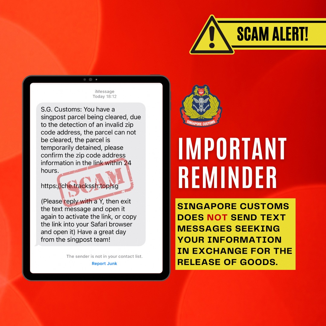 Singapore Customs issues scam alert on ‘parcel clearance’ fraud SMS and phishing link