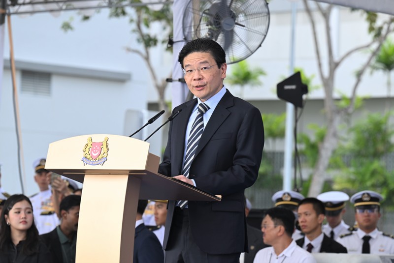 Singapore Prime Minister Lawrence Wong delivers an address