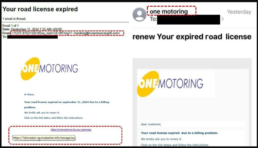Screenshots of phishing e-mails impersonating OneMotoring