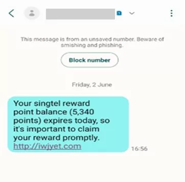 Phishing SMS impersonating Singtel
