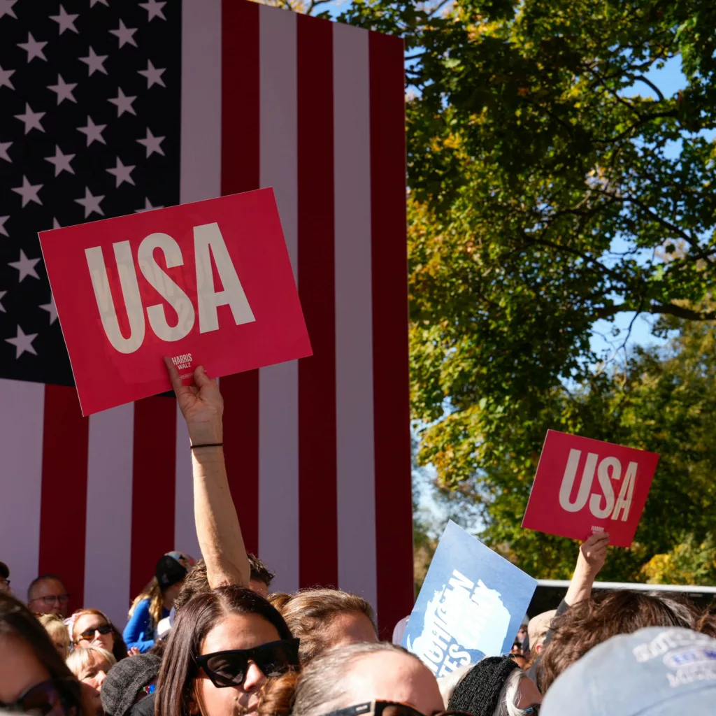 USA signs at the Kamala Harris rally in Houston, Texas