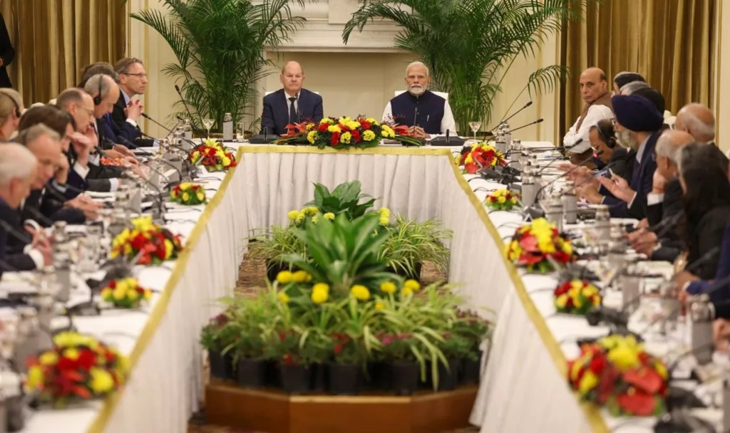 Scholz (centre left) and Modi (centre right) at the 18th Asia Pacific Conference of German Business. Photo courtesy: x.com/narendramodi