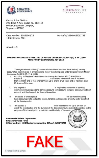 Screenshot of a fake ‘SPF warrant’ of arrest and freezing of assets