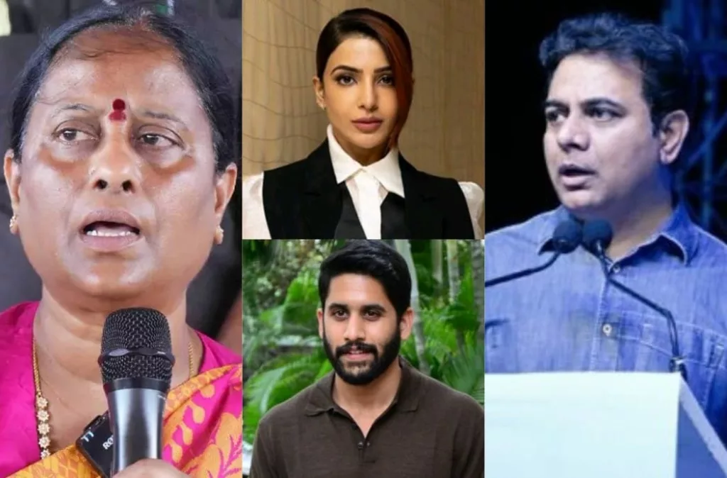 Telangana Minister Surekha (left), actors Samantha (top middle), Naga ChKonda Surekha serves as the Minister of Environment and Forests in the Telangana government. Photo courtesy: Free Press Journal. Photo courtesy- Surekha, Samantha and Naga Chaitanya: Free Press Journal, KTR: x.com/KTRBRS