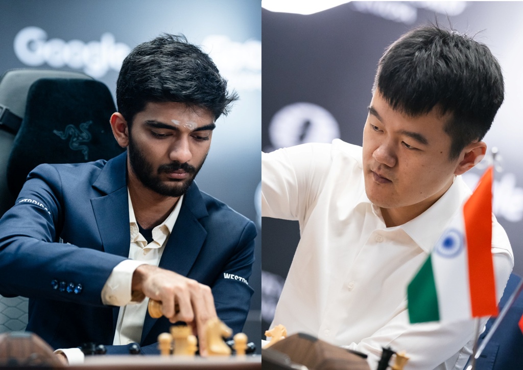 D Gukesh (left) and Ding Liren have two points each after four games. Photo courtesy: Eng Chin An and Maria Emelianova via x.com/FIDE_chess