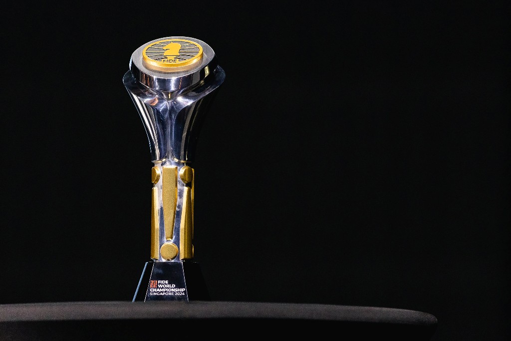 Liren and Gukesh will play for this coveted trophy. Photo courtesy: Maria Emelianova & Eng Chin An via twitter.com/FIDE_chess