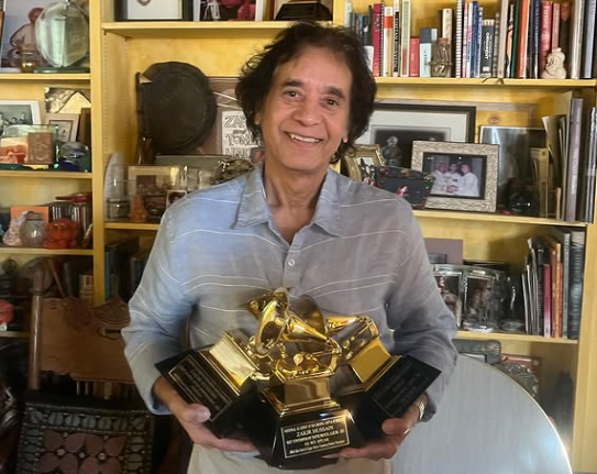 Zakir Hussain with his Grammy awards