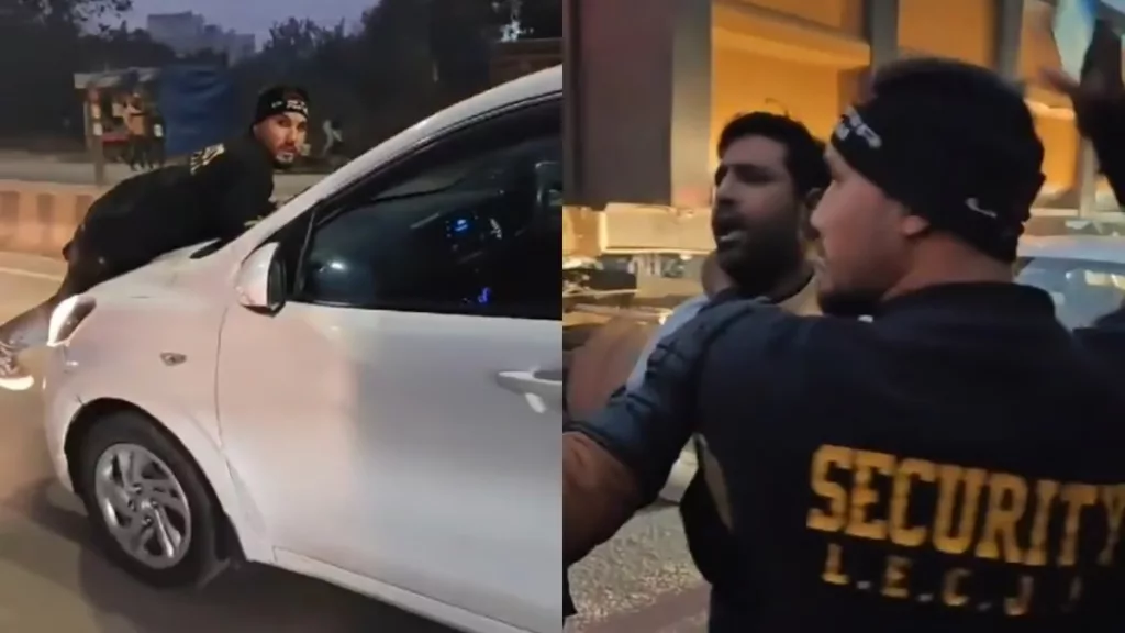 (Left) The victim hanging on to the car's bonnet. (Right) The confrontation between the two. Photo courtesy: Free Press Journal