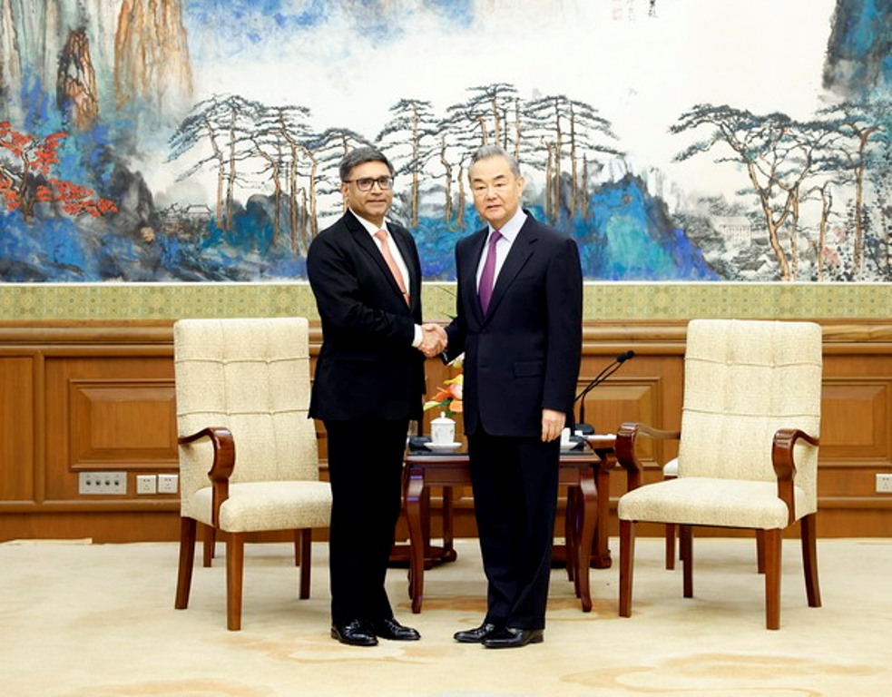 Chinese Foreign Minister Wang Yi (right) with India's Foreign Secretary Vikram Misri in Beijing. Photo courtesy: x.com/China_Amb_India