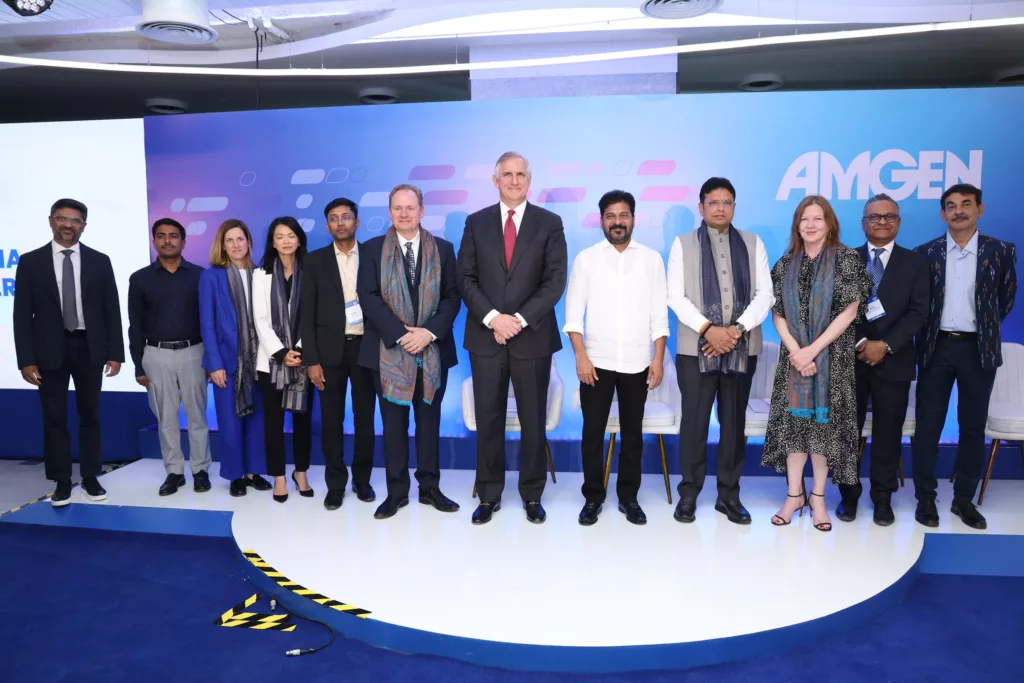 Left-Right: Naveen Gullapalli, Managing Director, Amgen India, Susie Tappouni, Head of Corporate Affairs, Amgen, My Linh Kha, SVP & GM, JAPAC, Amgen, Shakthi M. Nagappan, CEO, Telangana Life Sciences, Derek Miller, SVP & CEO, Human Resources, Amgen, Robert A. Bradway, Chairman & CEO, Amgen, Sri Anumula Revanth Reddy, Hon’ble Chief Minister of Telangana, Sri D. Sridhar Babu, Hon’ble Minister of IT, E&C, I&C, LA, Jennifer Larson, U.S. General Consul, Hyderabad, Som Chattopadhay National Executive for India at Amgen, Sri Jayesh Ranjan, Special Chief Secretary, Dept. of Commerce & Industries, Govt. of Telangana. Photo courtesy: Collected