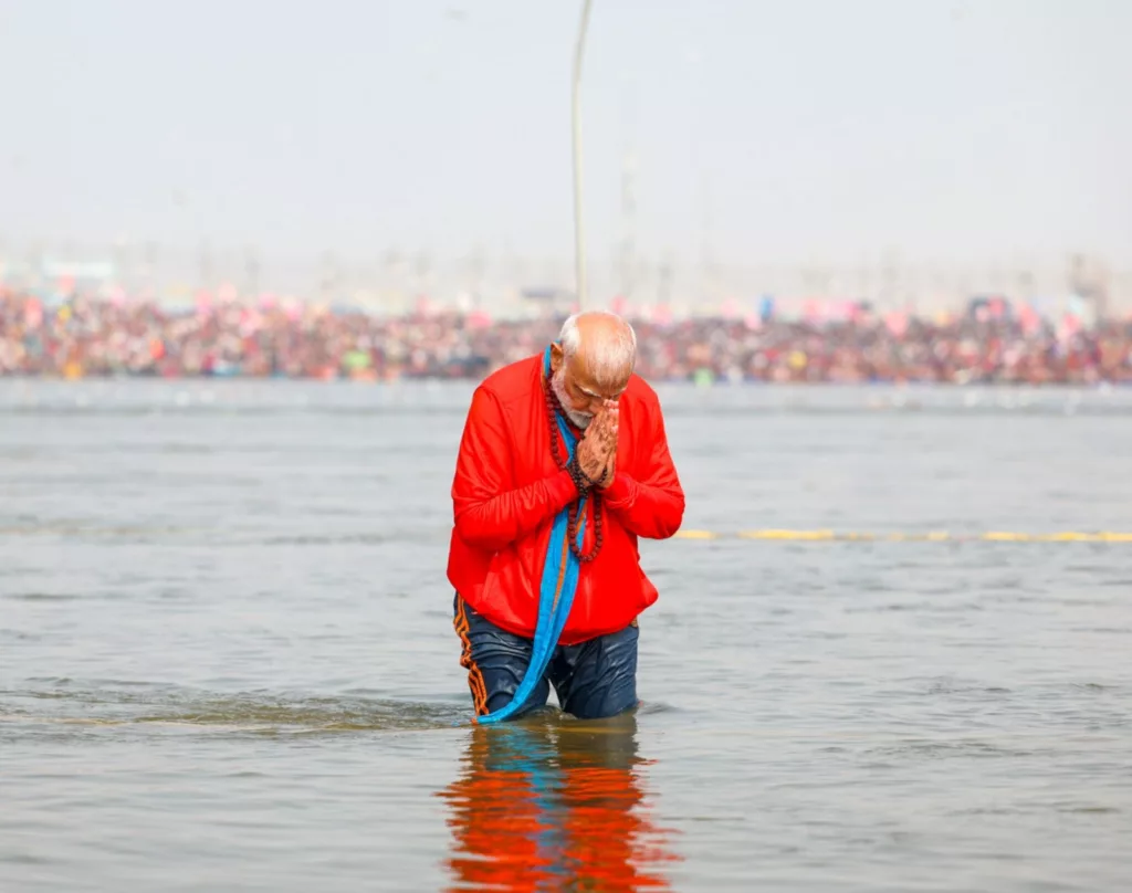Narendra Modi visits Maha Kumbh and takes a dip at holy Triveni Sangam. Photo Courtesy: Narendra Modi X page
