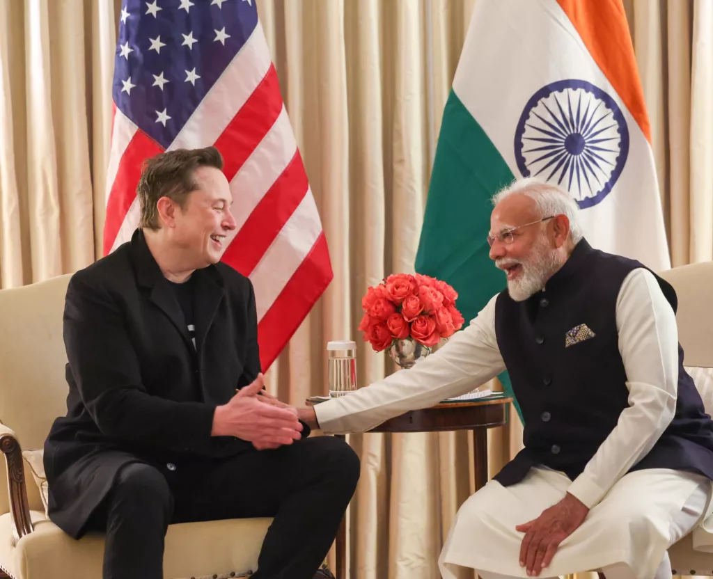 Elon Musk (left) and Indian Prime Minister Narendra Modi met earlier this month in the US. Photo courtesy: Narendra Modi/X.