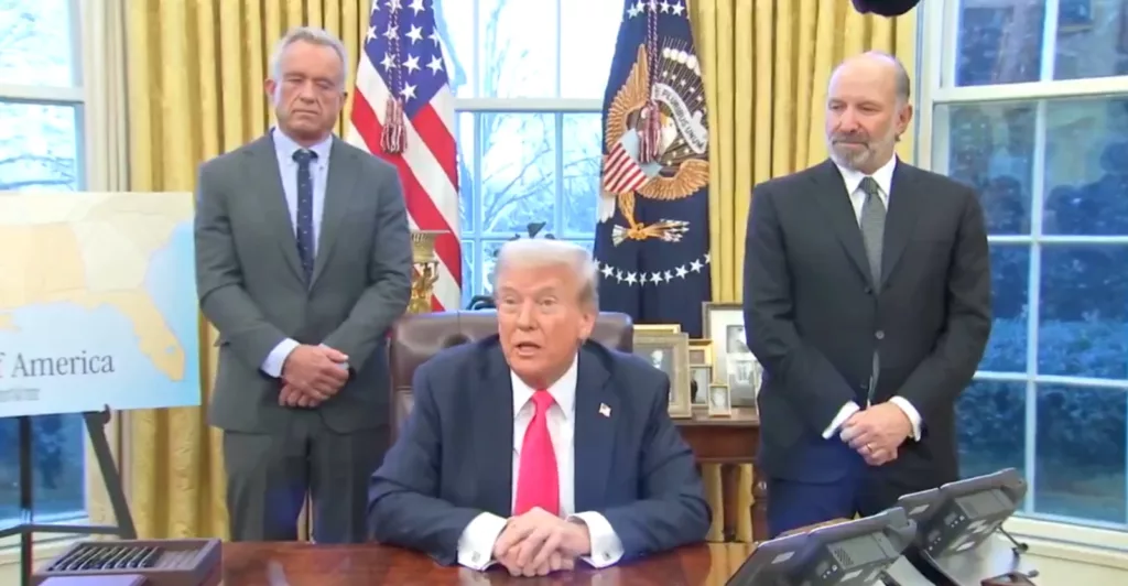 (L-R) Robert F. Kennedy Jr., US Secretary of Health and Human Services, US President Donald Trump, and Howard Lutnick, US Secretary of Commerce. Photo courtesy: Screengrab from X