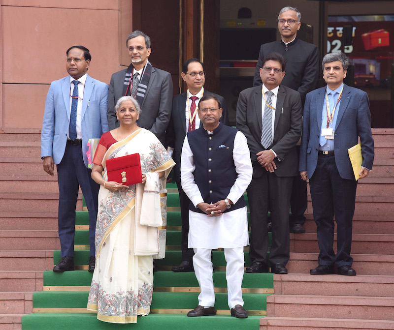 The Union Minister for Finance and Corporate Affairs, Smt. Nirmala Sitharaman along with the Ministers of State for Finance, Shri Pankaj Chaudhary as well as her Budget Team/senior officials of the Ministry of Finance arrived at the Parliament House to present the Union Budget 2025, in New Delhi on February 01, 2025. Photo courtesy: PIB