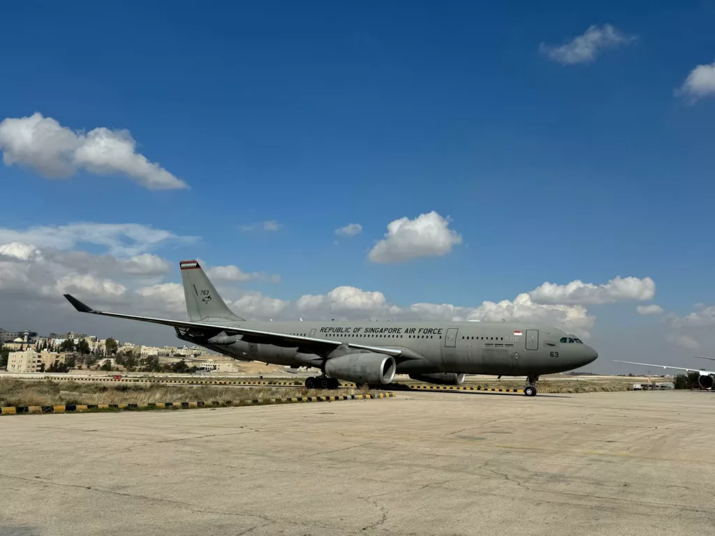 The Republic of Singapore Air Force (RSAF)’s A330 Multi-Role Tanker Transport (MRTT) arriving at King Abdullah I Air Base in Jordan. Photo courtesy: www.mindef.gov.sg