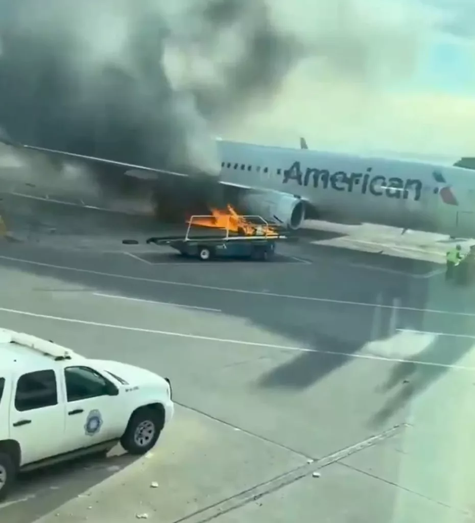 American Airlines plane on fire
