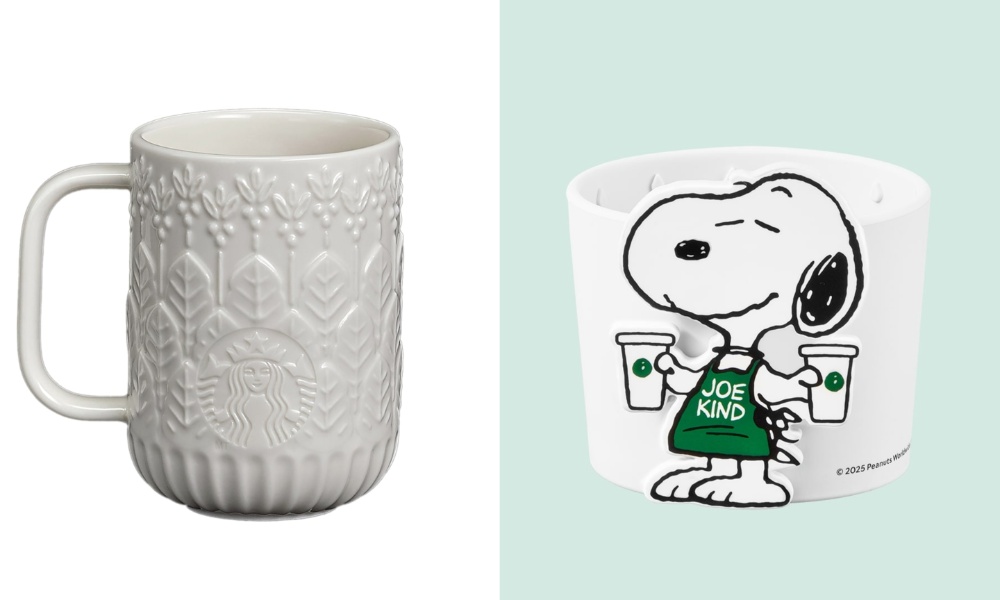 Siren-embossed pattern mug priced at INR 1,850 (left), Peanuts Joe Kind Snoopy Cup Sleeve priced at INR 1,350. Photo courtesy: Collected