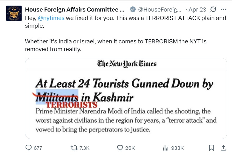 US government criticises New York Times over Kashmir terror attack coverage